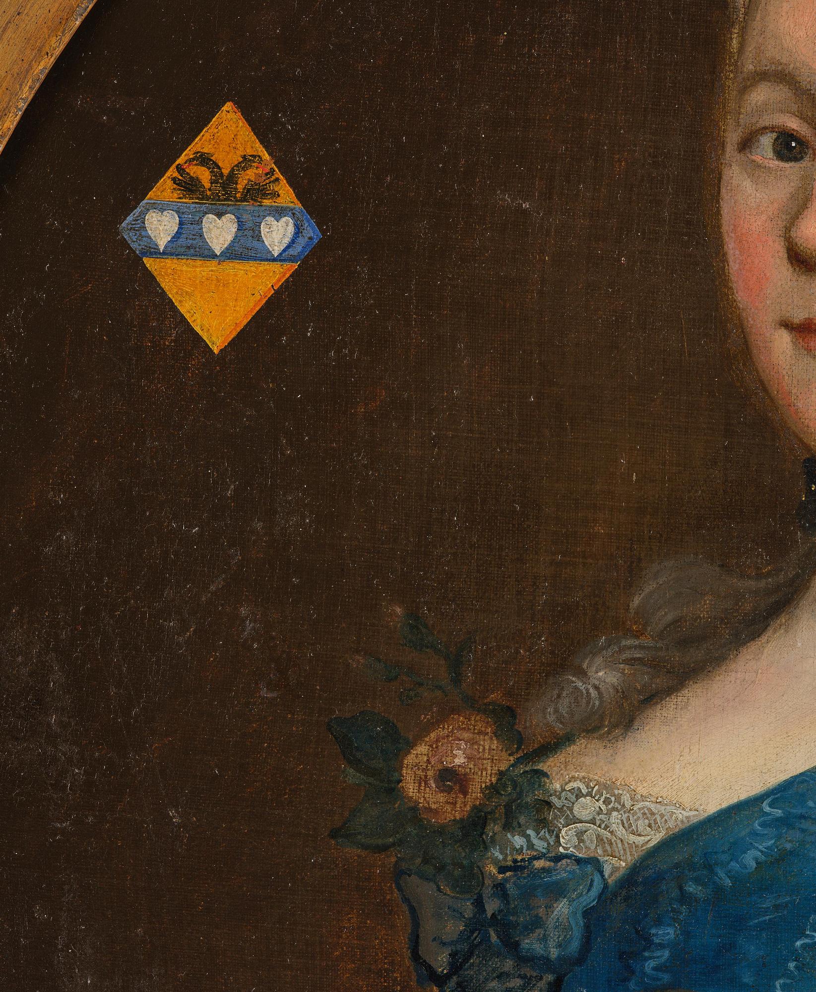 Unknown artist, 19th century, Noblewoman with a Dog, coat of arms featuring three hearts and a double-headed eagle.
