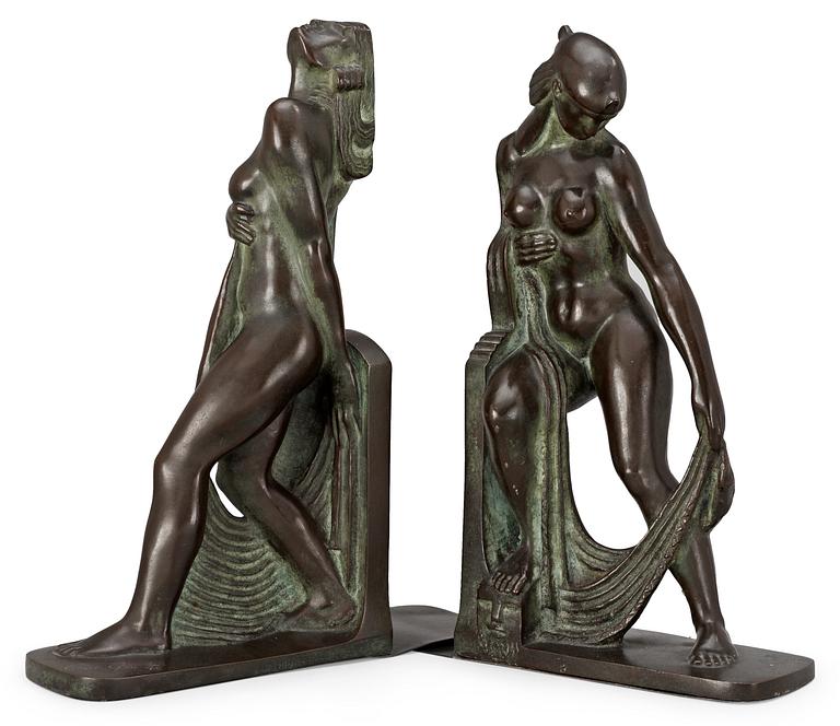 A pair of Axel Gute patinated bronze bookends, Herman Bergman, Sweden 1920's.