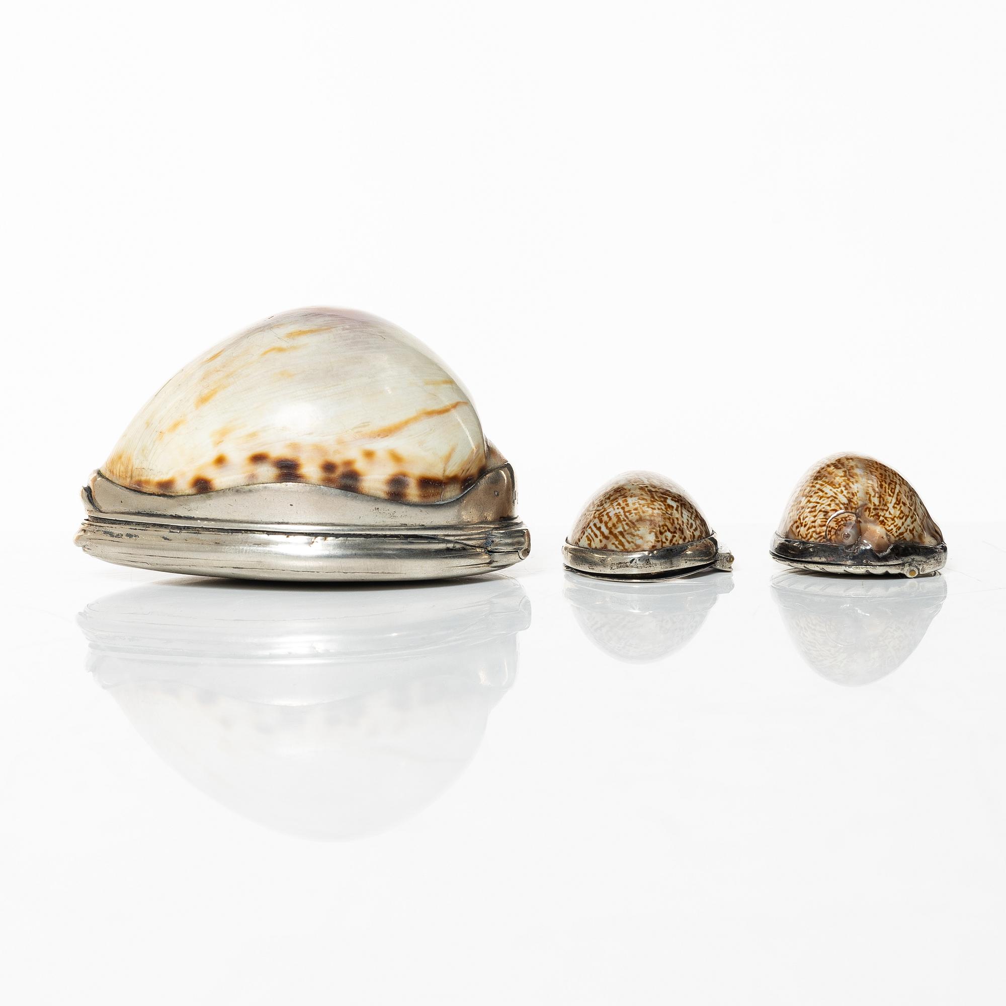 A set of three silver and seashell boxes, Sweden, 19th century.