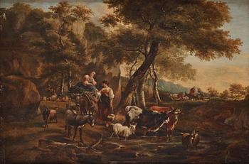 758. Nicolaes Berchem Tillskriven, Pastoralt landskap med herdar och herdinnor.