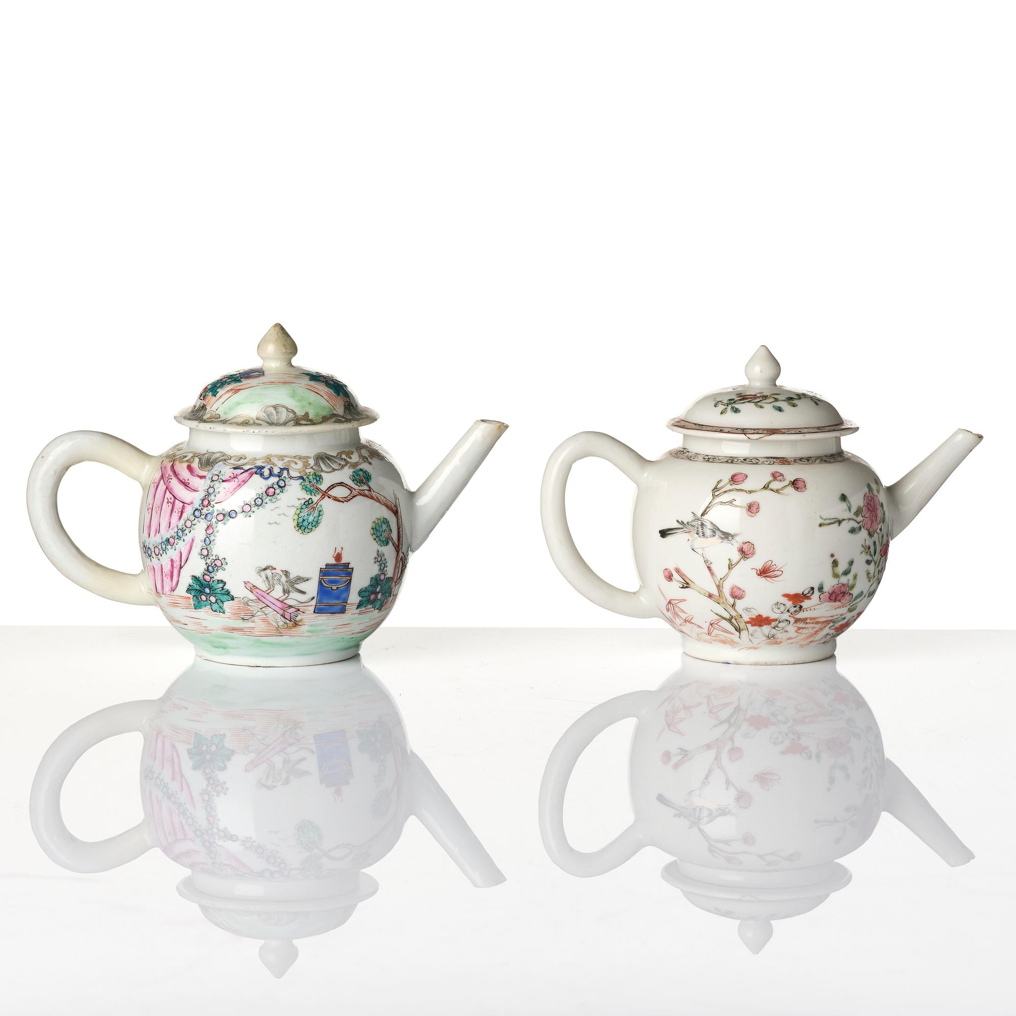 Two famille rose tea pots with covers, Qing dynasty, 18th century.