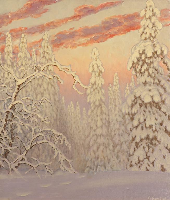 Gustaf Fjaestad, Winter landscape under crimson sky.