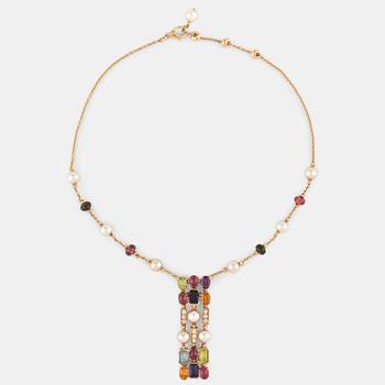 1067. A Bulgari necklace "Allegra" in 18K gold set with coloured stones, cultured pearls and diamonds.