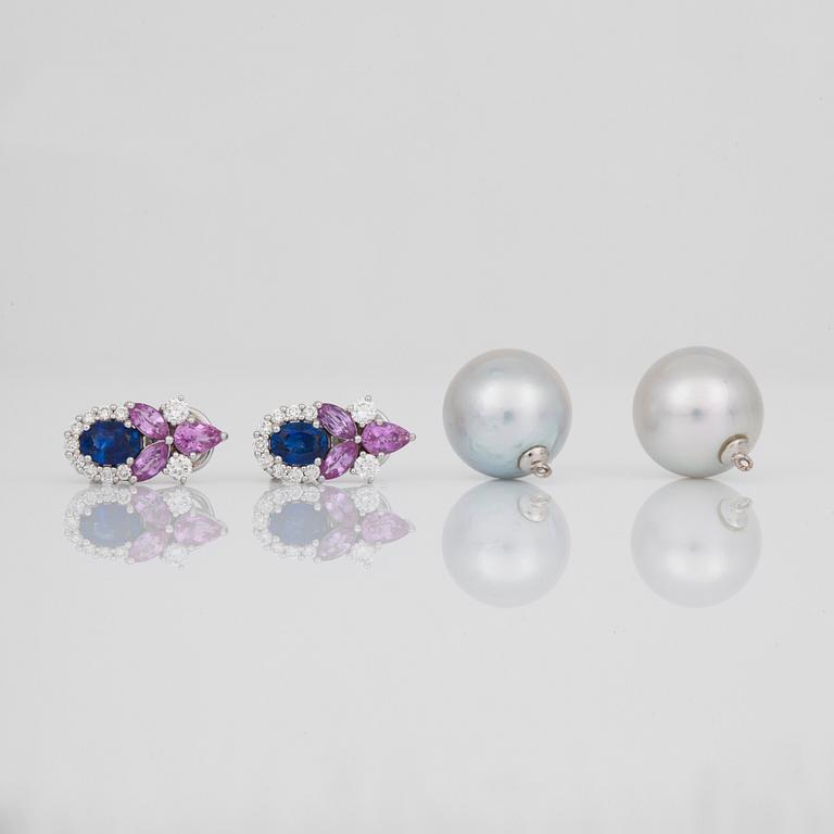 A pair of cultured South Sea pearl, sapphire and diamond earrings.