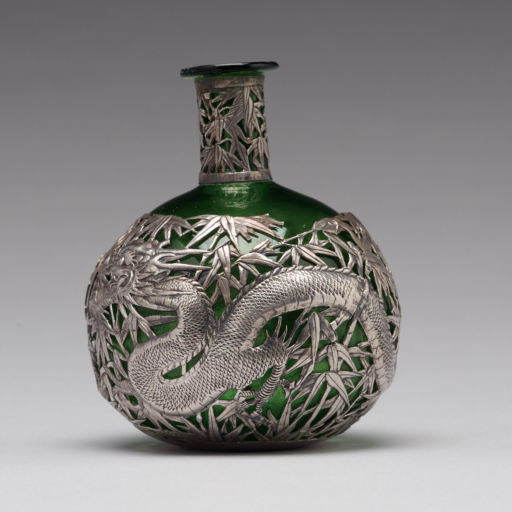 A Chinese silver mounted glass bottle, Shanghai, 1910's.