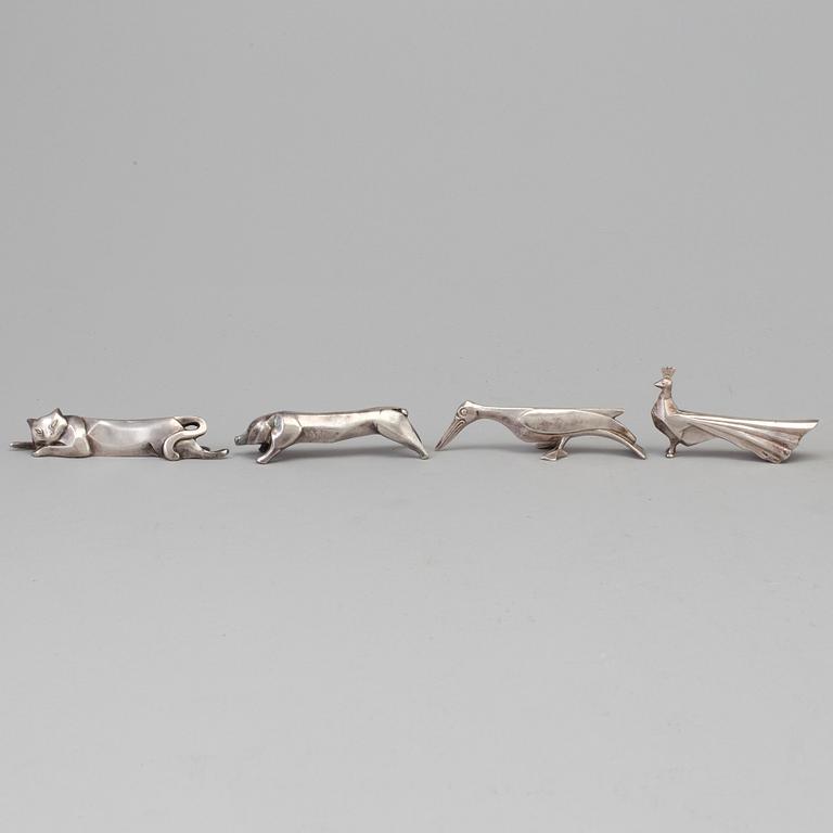 12 silver plated animal-shaped knife rests designed by Marcel Edouard Sandoz for Gallia Christofle, France.