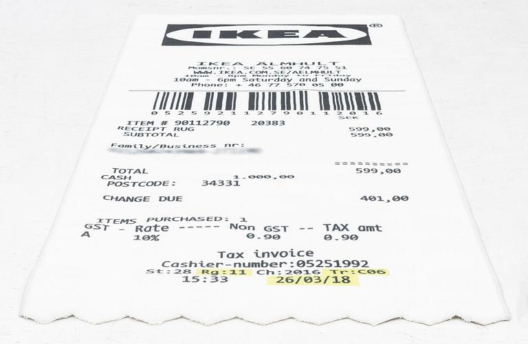 Virgil Abloh, rug "Receipt", IKEA x Virgil Abloh, "MARKERAD" collection, approx. 200 x 90 cm.