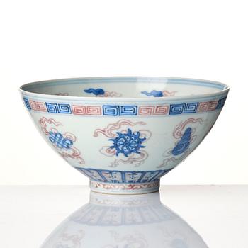 An underglaze blue and iron red bats bowl, China, possibly Republic, 20th century.