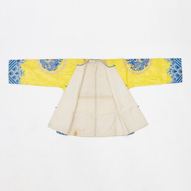 A yellow-ground embroidered silk robe, 20th century.