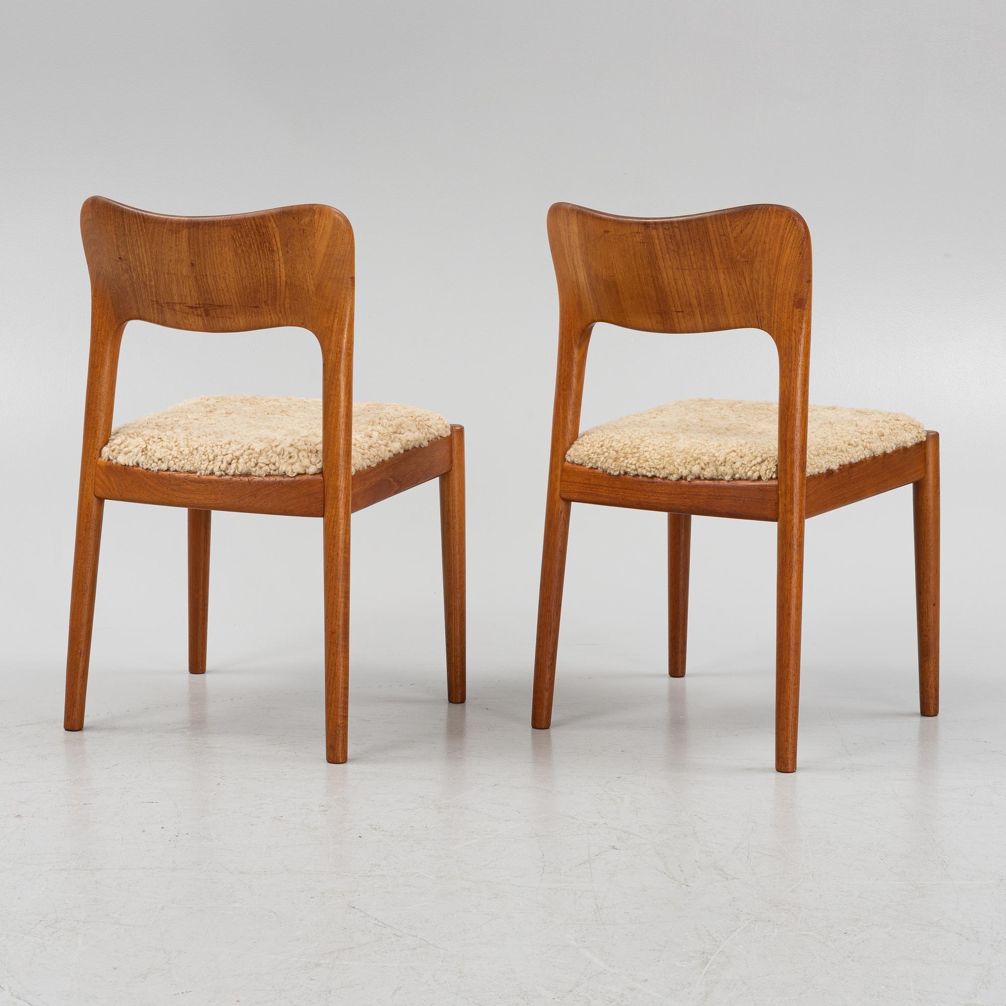 Niels Koefoed, a set of six teak dining chairs upholstered in new sheepskin, Denmark, 1960's.
