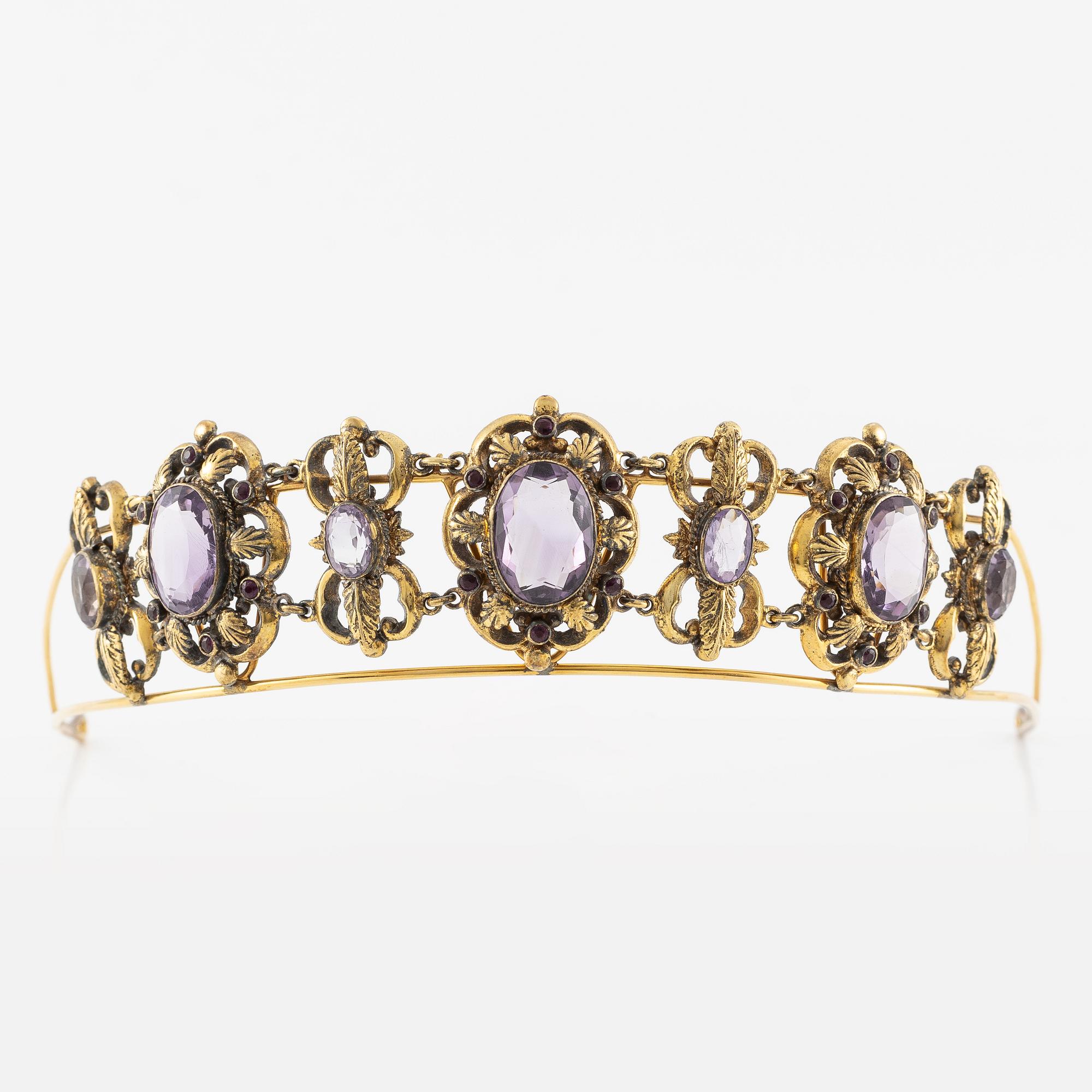 Tiara, gilded metal with faceted amethysts.