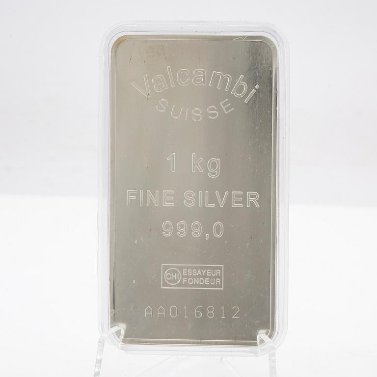 Silver bar 1kg 999 Valcambi Suisse.
