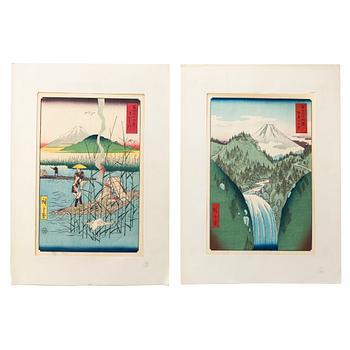 UTAGAWA HIROSHIGE, träsnitt, två st, efter. Japan, tidigt 1900-tal. "In the Mountains of Izu Province (Izu no sanchu)".