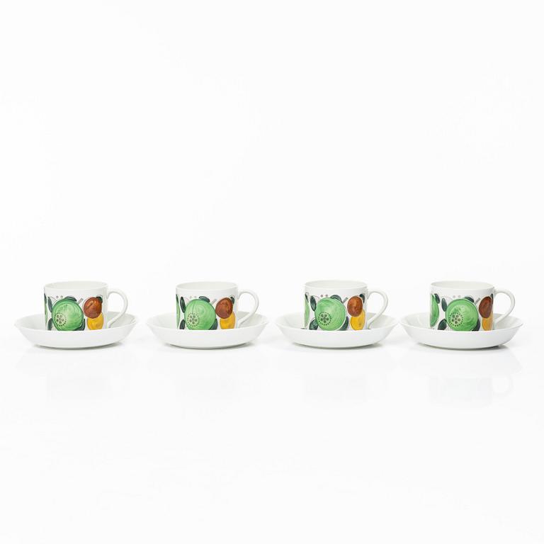 Hertha Bengtson, kaffekoppar med fat, 4 st, porslin, "Fructus", Rörstrand.
