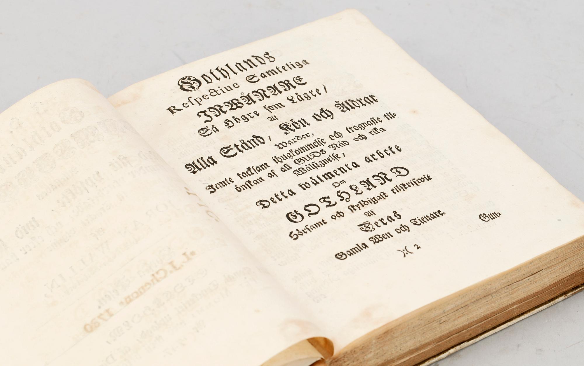 BOK, 2 vol i en, "Gothländska Samlingar allestädes med flit..." av Jöran Wallin, Stockholm 1747 resp 1776.