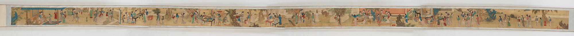 A fine painting of 100 ladies and attendants in a palace garden, and with calligraphy, late Qing dynasty (1644-1912).