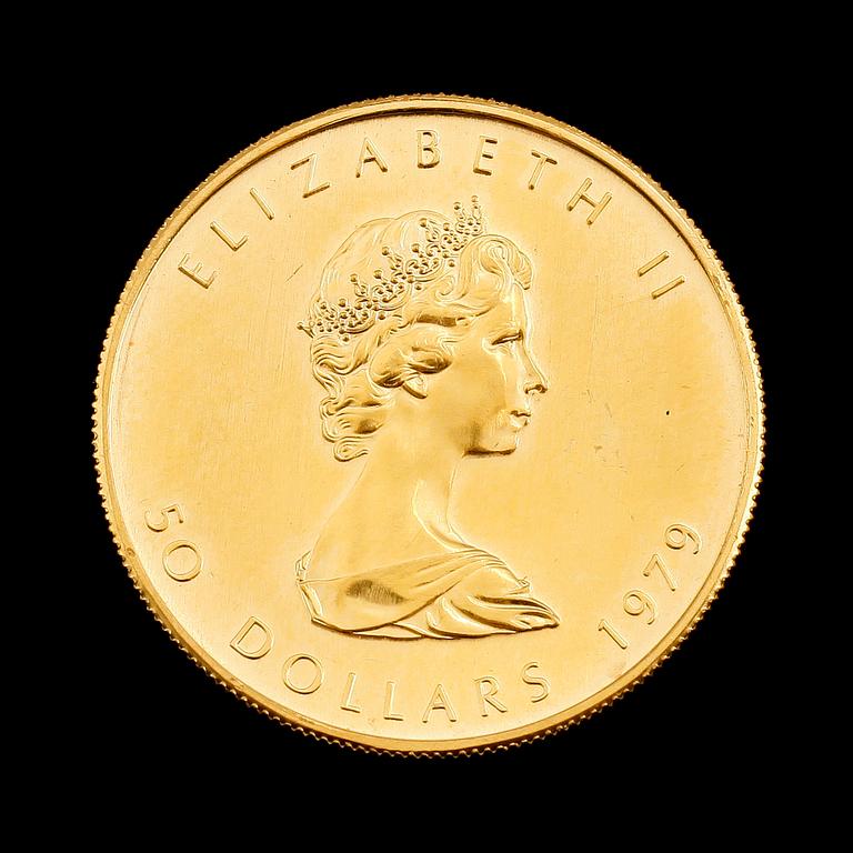 GULDMYNT, fine gold, 50 dollar, Elizabeth II, Canada, 1979. Vikt ca 31 gram.