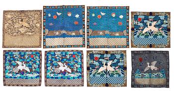 320. RANK BADGES, 8 pieces, silk, so called Buzis. Around 28-33 x 29,5-33,5 cm each. China around 1900.
