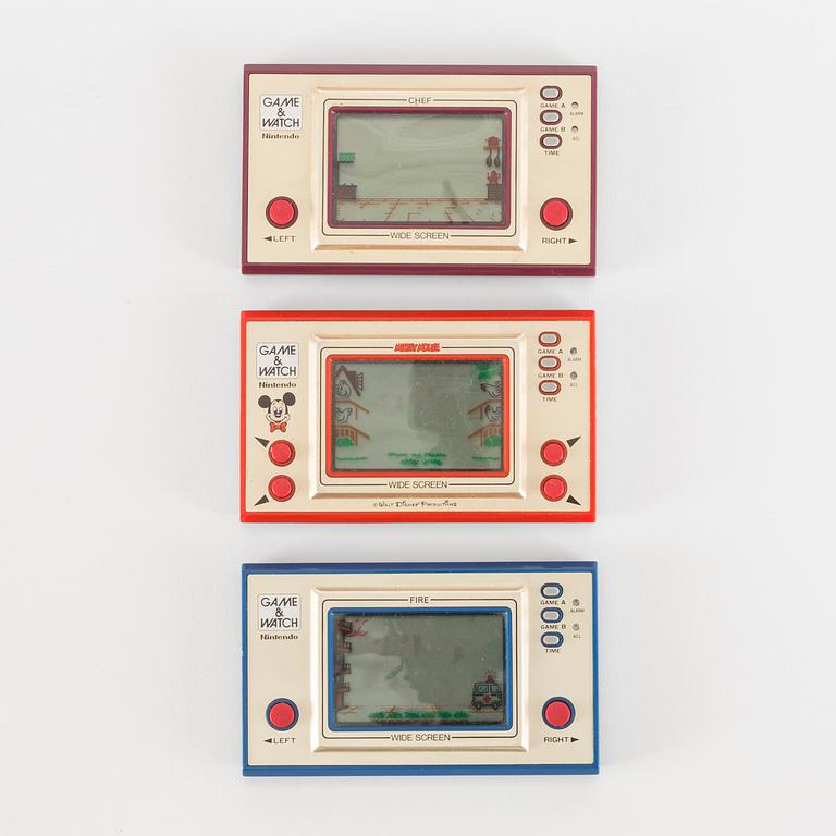 GAME & WATCH, "Fire", "Chef" samt "Mickey Mouse" i förpackningar, Nintendo, 1981.