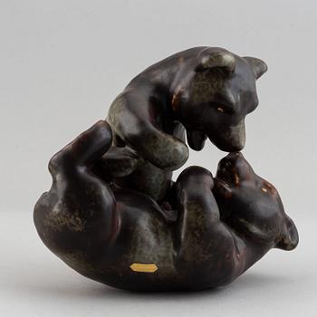 Karl Grössl, a mid 20th century glazed stoneware sculpture of bear cubs playing, Rörstrand, Sweden.