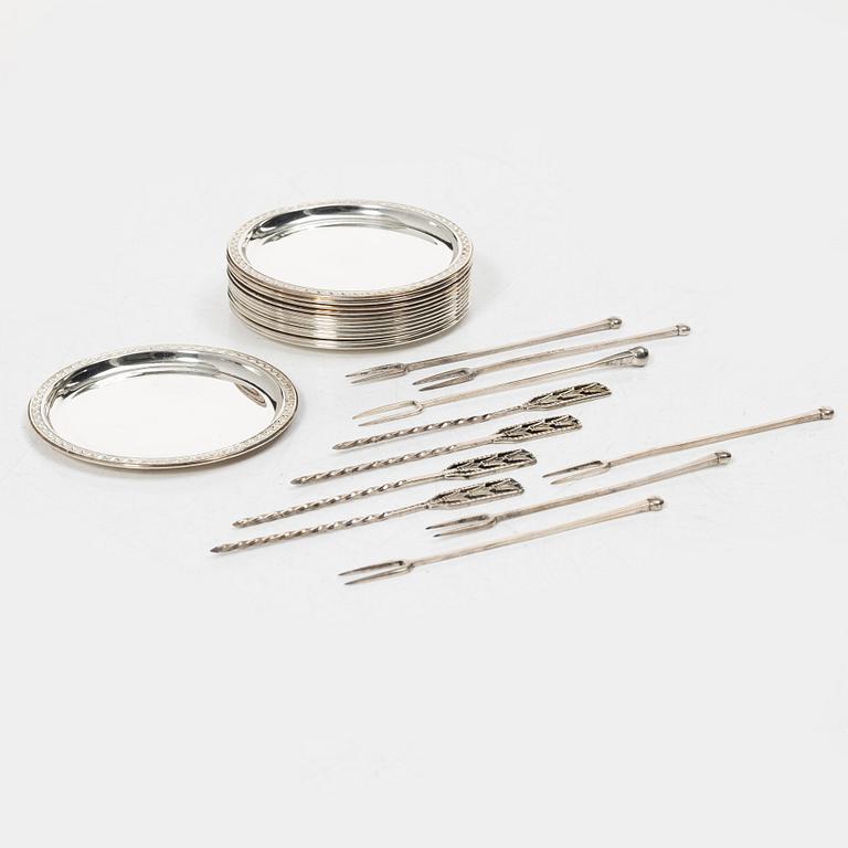 Coasters, 13 pcs, and cocktail sticks, 10 pcs, silver, Sweden, including GAB, Eskilstuna 1973.