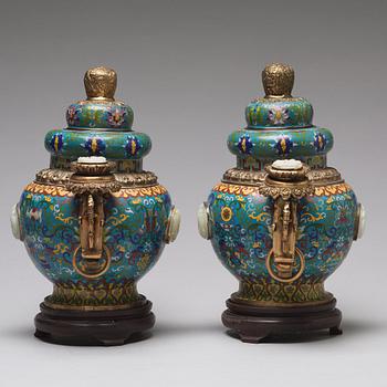 A pair of chinese cloisonne jars with covers with nephrite placques, 20th Century.