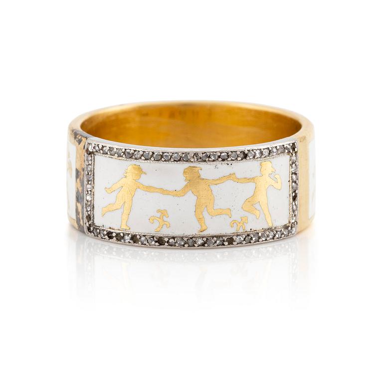 A W.A. Bolin 18K gold and enamel ring set with rose-cut diamonds.