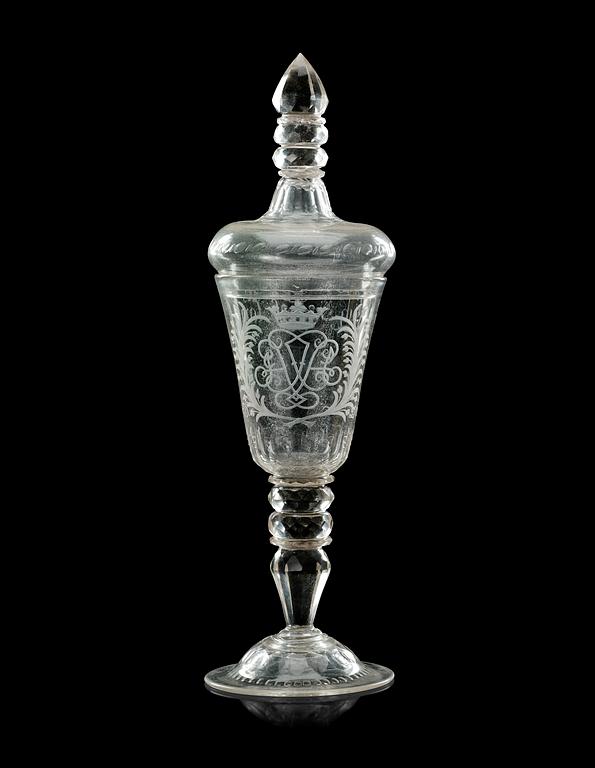 A large cut and engraved Swedish goblet with cover, Kungsholms glasbruk, first half of 18th Century.