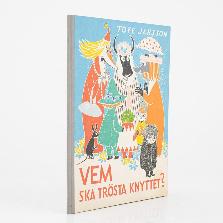 Tove Jansson, bok, "Vem ska trösta Knyttet", 1960. Med dedikation och teckning.