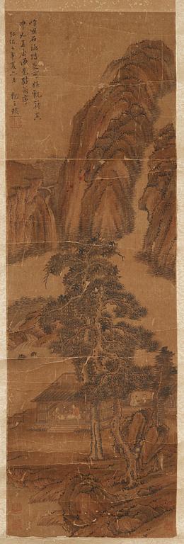 A hanging scroll of a landscape in Song style, Qing dynasty, 19th century.