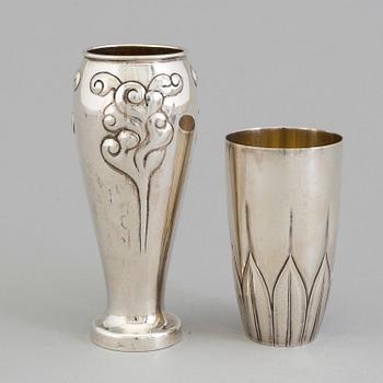 Two Danish Art Nouveau parcel-gilt vases, maker's mark A Michelsen, Copenhagen, 1902 and unknown maker, Copenhagen 1909.