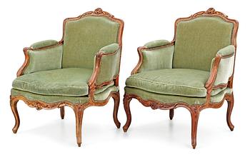 507. A pair of Louis XV 18th century bergeres. Stamped "P ROUSSEL", with inventory number and labeled  "Monsieur Villeboeuf".