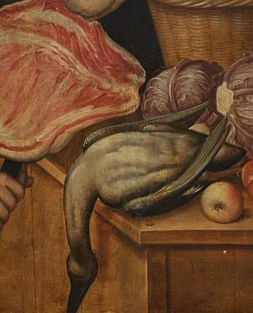 Joachim Beuckelaer, circle of/follower of, Kitchen scene with Jesus in the house of Martha and Mary in the background.