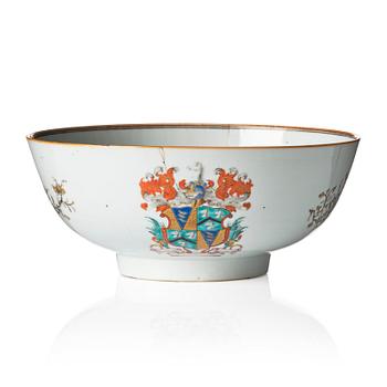 A famille rose and grisaille armorial punch bowl, Qing dynasty, 18th century.