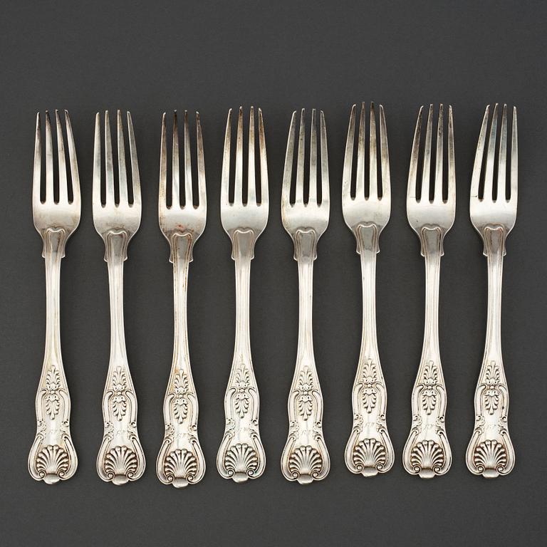 A set of 8 silver forks by Gustaf Möllenborg, Stockholm 1844.