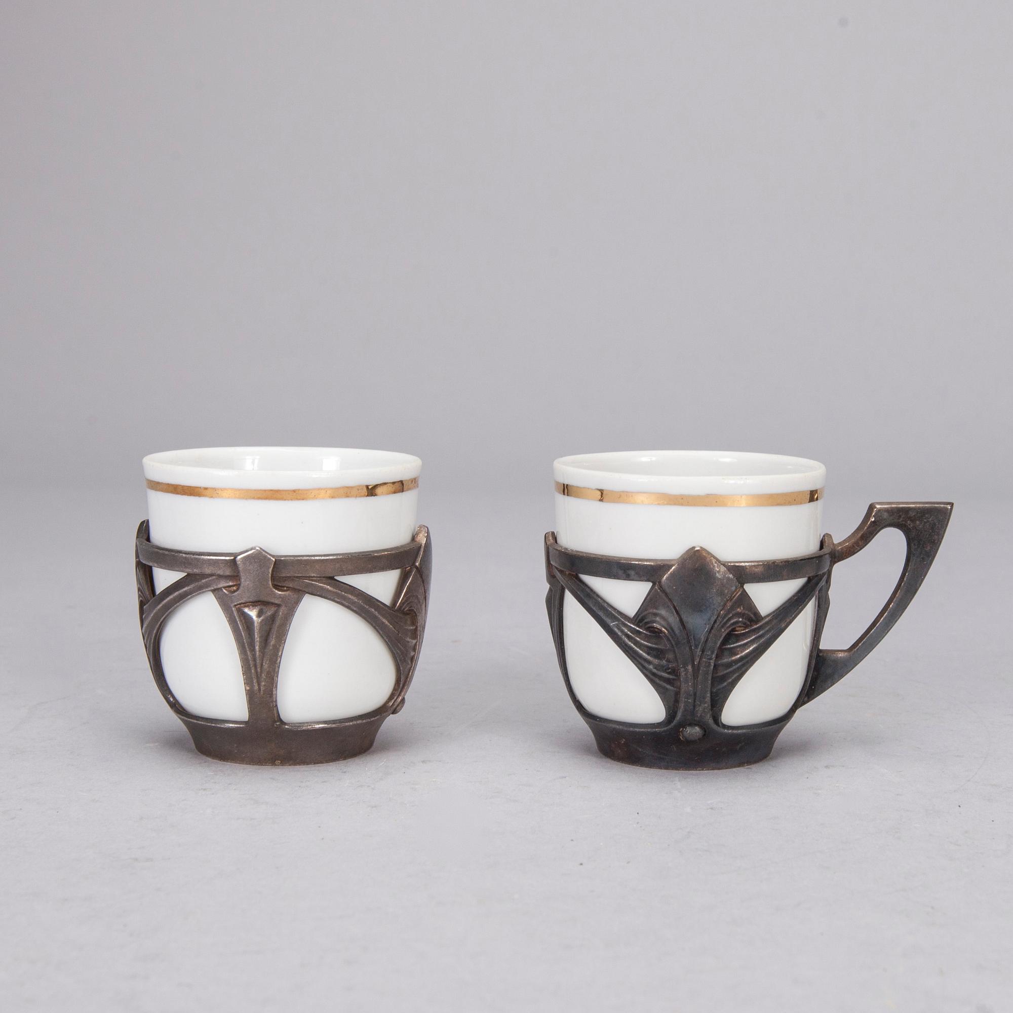 MOCCAKOPPAR, 10 st, och SKÅL, porslin, glas och försilvrad metall, jugend, stämplade WMF, tidigt 1900-tal.