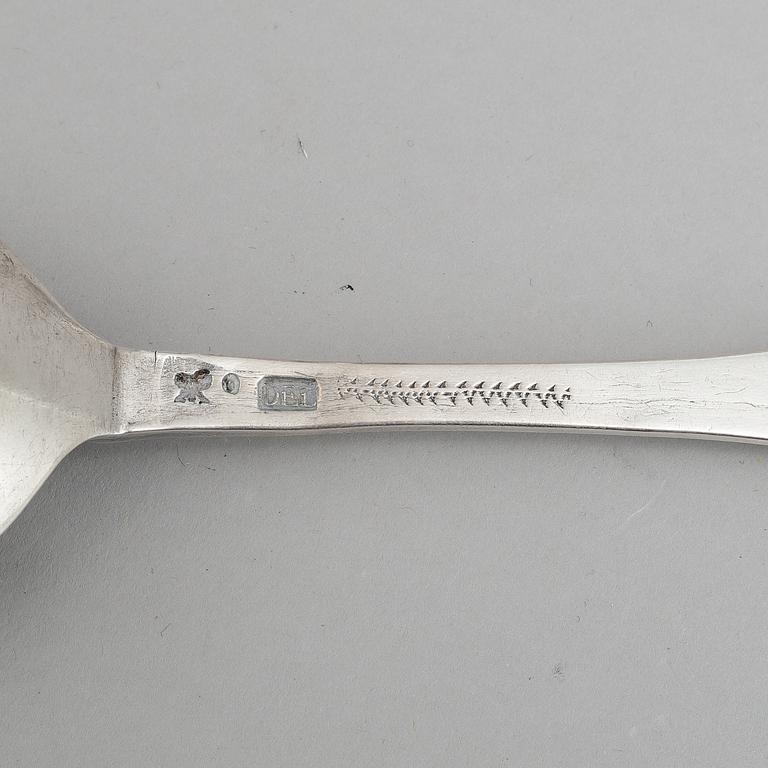 Three Swedish early 18th century silver spoons, marked d. Ekelöf, Orebro 1747, B. Moller, Sthlm 1724 and J. Thede, Sthlm.