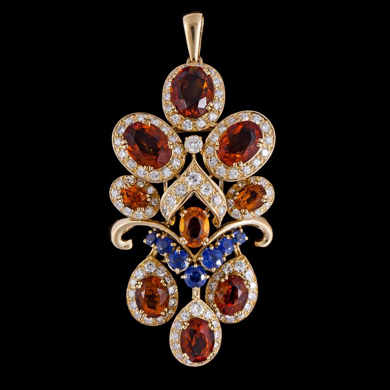 A Boucheron sapphire, citrine and brillian cut diamond brooch , tot. app. 5 cts.