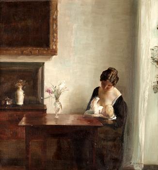 197. Carl Holsoe, Borgerlig interiör med kvinna och barn.