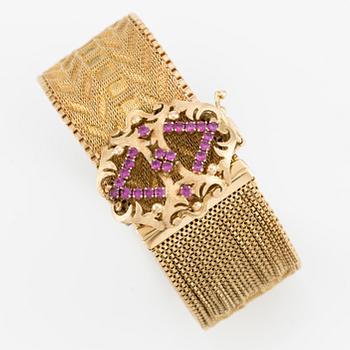 Bracelet, 18K gold with tassels and pink stones, Italian hallmark.