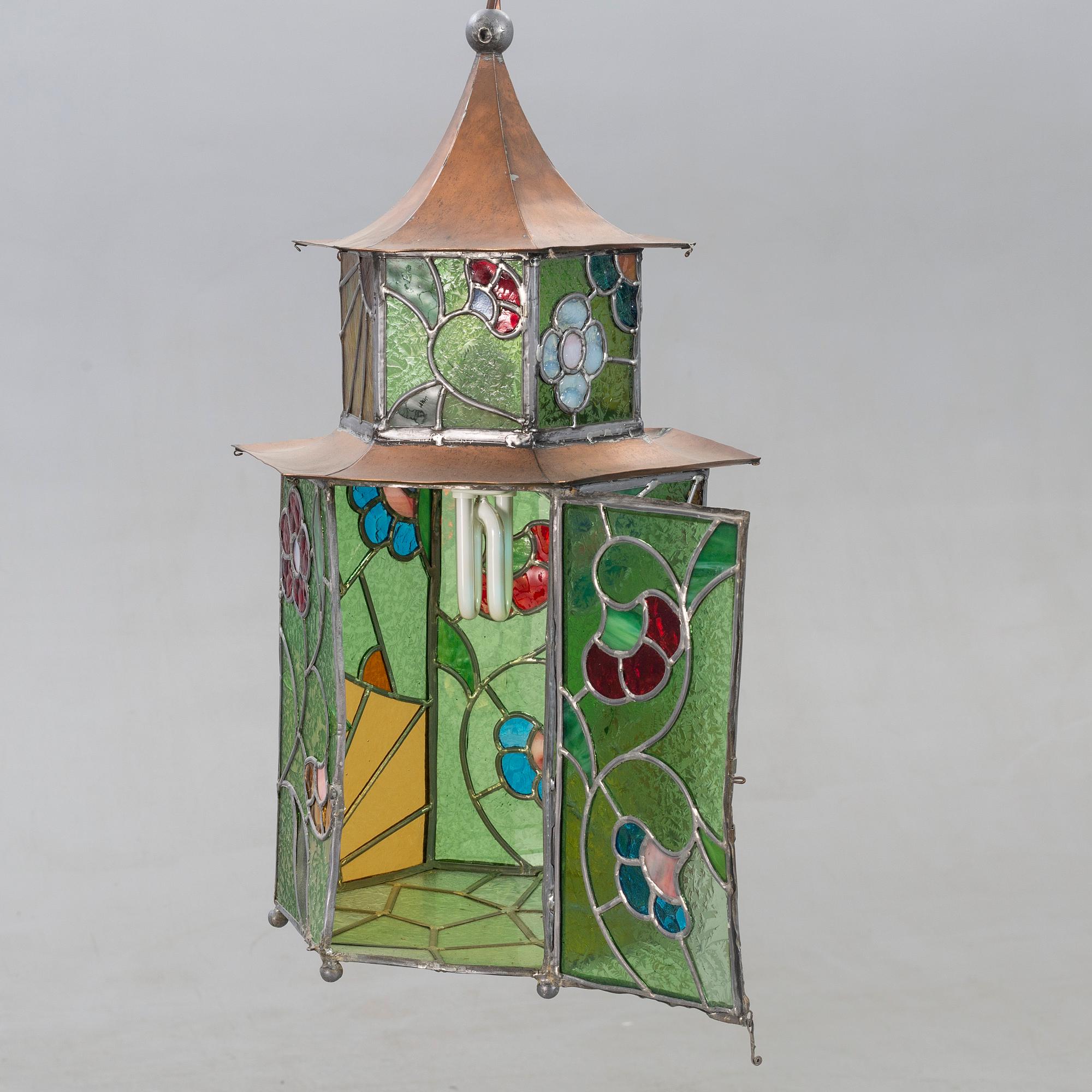 Lampa, koppar, blyinfattat glas, 1940-tal.