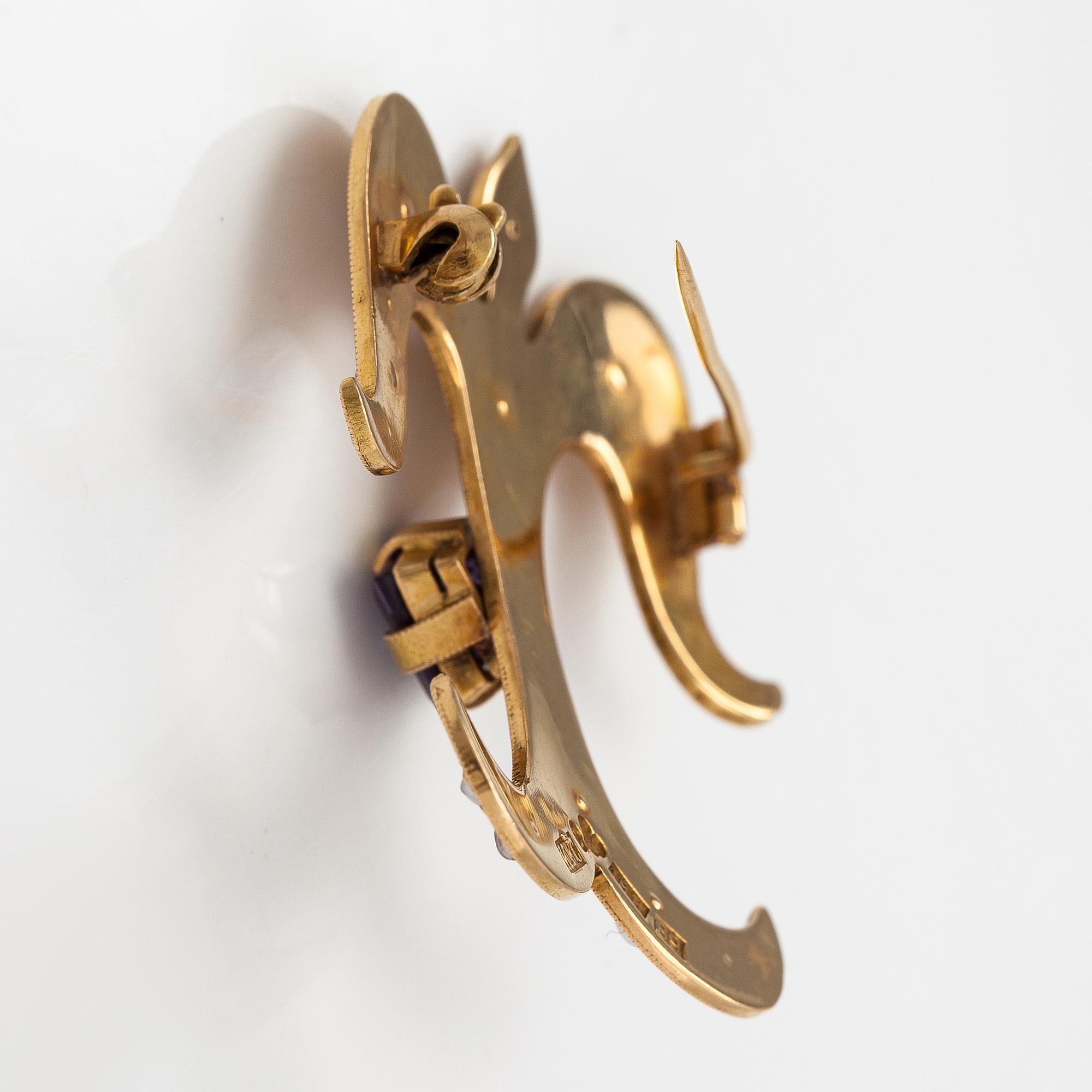 Armband/armbandsur, örhängen och brosch, 18K guld, ametister, syntetiska korunder och odalde pärlor.
