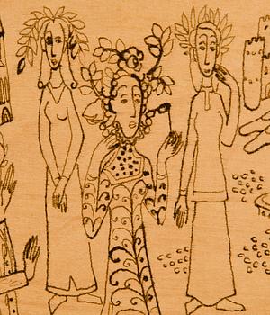 Birger Kaipiainen, piirros, tussi vanerille, signeerattu ja päivätty -46.