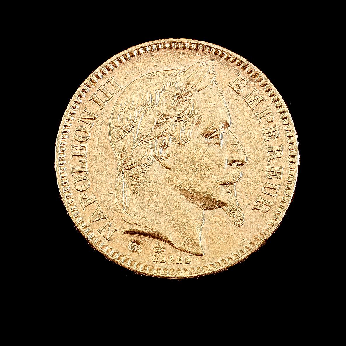 GULDMYNT, 20 franc, Napoleon III, 1866. Vikt ca 6 gram.