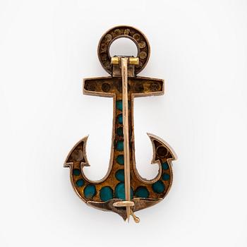 Brosch, pärlor, cabochonslipade turkoser, 14K (56) guld, St Petersburg, 1800-talets andra hälft.