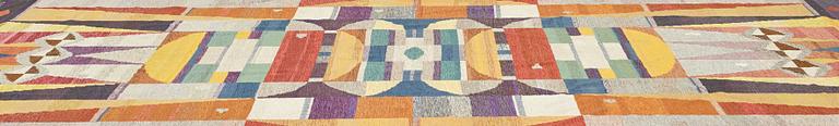 A CARPET, flat weave, ca 449 x 242,5 cm, signed MG, dated 1969.