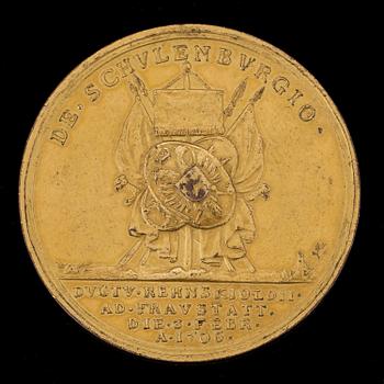 A gilded medal in memory of the battle at Fraustadt 1706 with the portrait of the Swedish King, Karl XII.