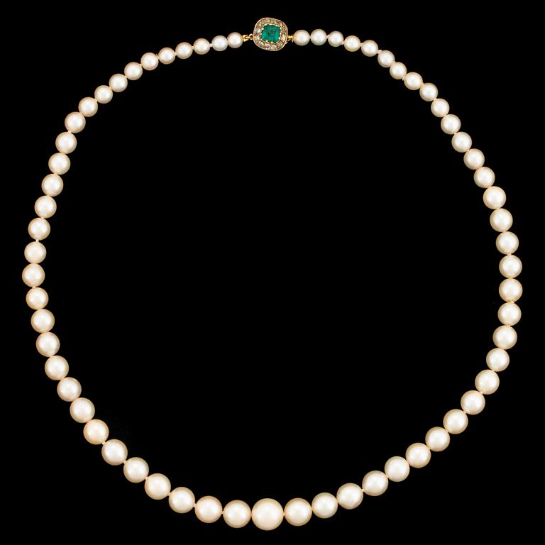 Cultured calibrated pearl necklace, clasp with emerald and old-cut diamonds.