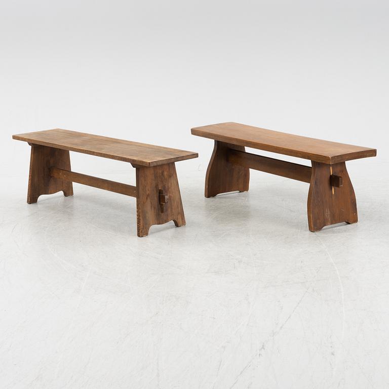 Two stained pine benches, 1920s.