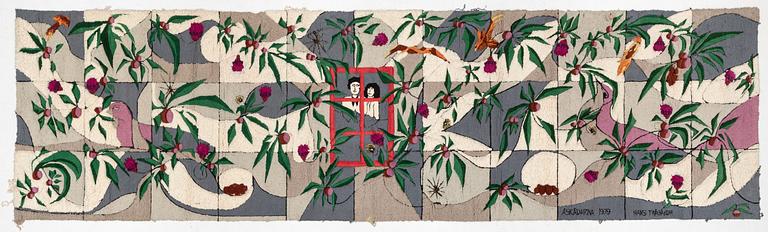 Hans Trädgårdh, tuftad tapet, "Åskådarna", ca 225 x 820 cm, signerad.